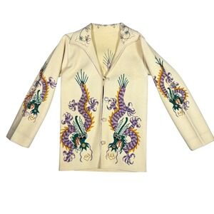 Vintage 40s Chain Stitch Souvenir Dragon Jacket Cream Color Wool S